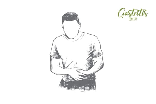Gastritis concept. Hand drawn man suffering stomach ache. Concept of healthcare and medicine isolated vector illustration.