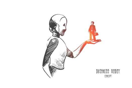Business robot concept. Hand drawn robot holding businessman on hand. Automation technology and artificial intelligence isolated vector illustration.