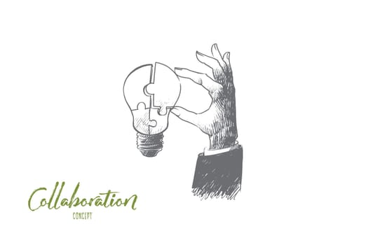 Collaboration concept. Hand drawn light bulb in human hand. part of puzzle as symbol of co-working and team isolated vector illustration.