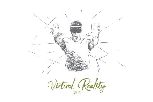 Virtual reality concept. Hand drawn person with virtual reality glasses. Man using virtual reality headset isolated vector illustration.