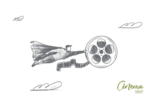Cinema concept. Hand drawn superhero with big film reel in his hand. Flying hero holds film spool isolated vector illustration.