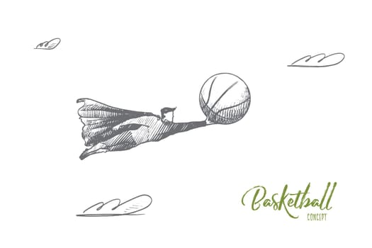 Basketball concept. Hand drawn superhero with ball for basketball play in his hand. Flying hero with sportive ball haircut isolated vector illustration.