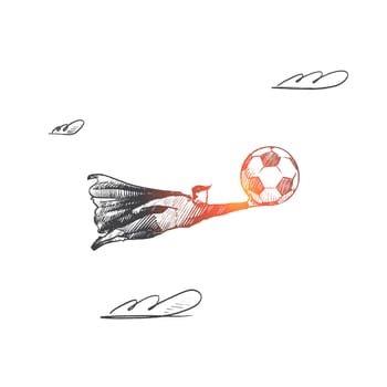 Soccer concept. Hand drawn superhero with soccer ball in his hand. Flying hero holds symbol of football game isolated vector illustration.