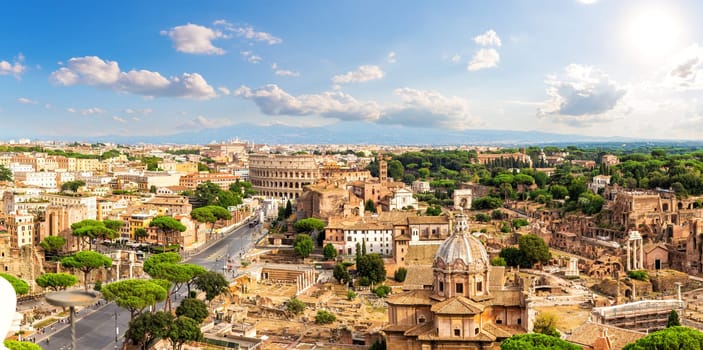 Beautiful Sunny panorama of Rome, Forum, Capitoline Hill, Coliseum Italy