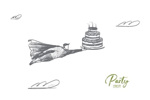 Party concept. Hand drawn superhero with big cake and candles in his hand. Flying hero holds homemade confection isolated vector illustration.