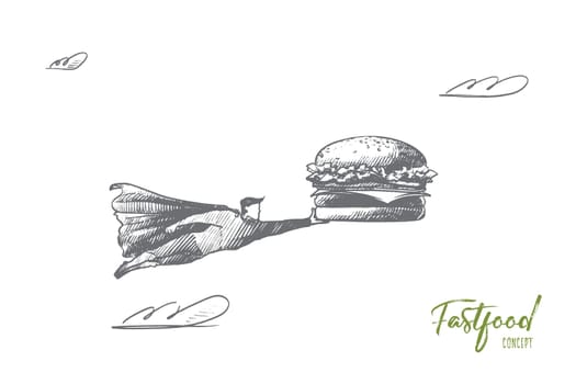 Fastfood concept. Hand drawn superhero with tasty hamburger in his hand. Flying hero brings sandwich, unhealthy food isolated vector illustration.