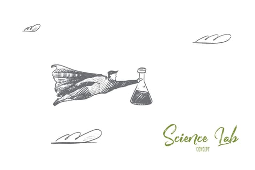 Science lab concept. Hand drawn superhero with laboratory glass in his hand. Flying hero holds tube with chemical liquid vector illustration.