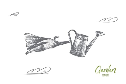 Garden concept. Hand drawn superhero with watering tool in his hand. Flying hero as gardener worker isolated vector illustration.