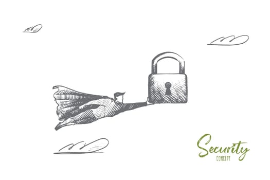 Security concept. Hand drawn superhero with big lock in his hand. Flying hero holds symbol of protection isolated vector illustration.