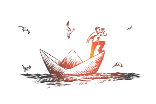 Business vision concept. Hand drawn businessman with a spyglass standing on paper boat and looking forward isolated vector illustration.