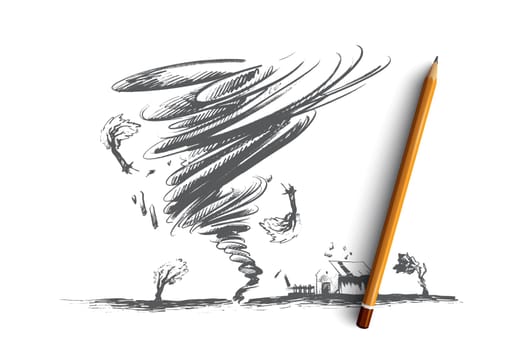 Tornado concept. Hand drawn tornado swirl damages village house and trees. Huge vortex destroyed building isolated vector illustration.