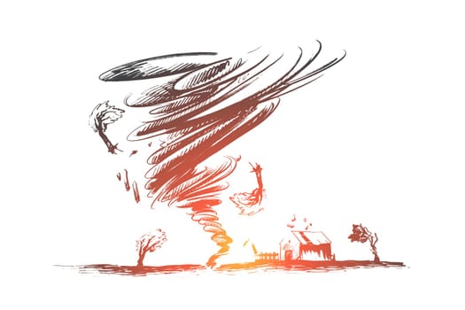 Tornado concept. Hand drawn tornado swirl damages village house and trees. Huge vortex destroyed building isolated vector illustration.