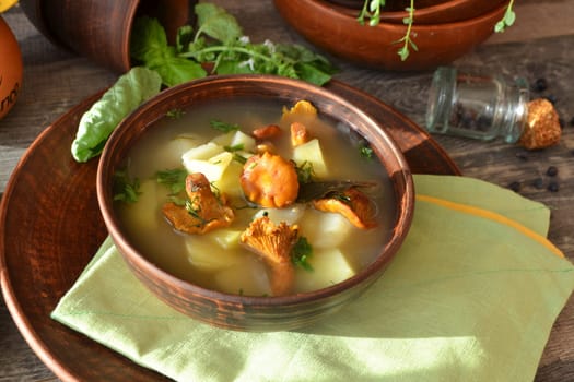 Delicious cream soup with fried chanterelles and thyme