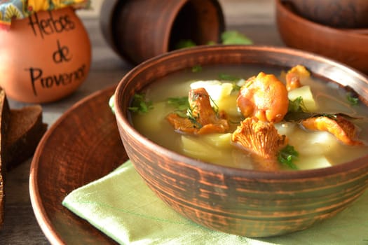 Forest chanterelles mushrooms in soup. Vegetarian dish, healthy soup.