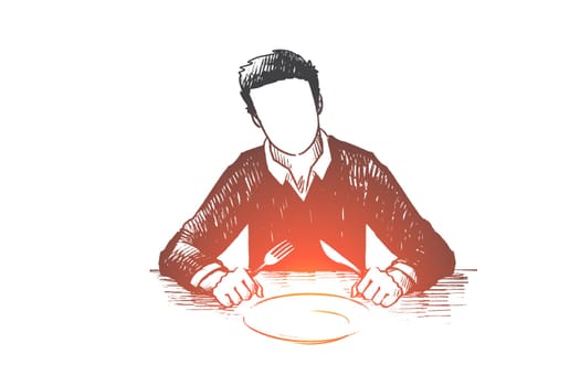 Waiting concept. Hand drawn man holding a spoon and fork with empty white plate in restaurant isolated vector illustration.