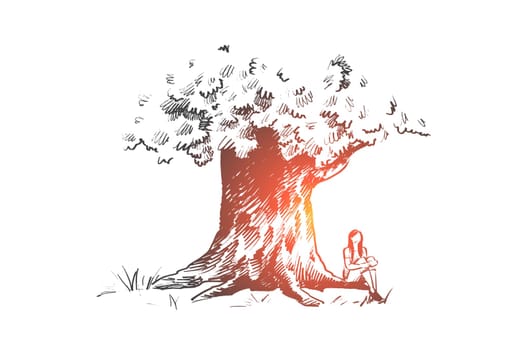 Big tree concept. Hand drawn big and old tree and woman sits near it. Symbol of ecology and environment care isolated vector illustration.
