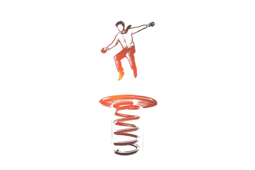 Upgrade, progress, career, success, business concept. Hand drawn businessman jumping on springboard as symbol of progress concept sketch. Isolated vector illustration.