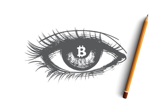 Cryptocurrency concept. Hand drawn bitcoin in human eye, bitcoin symbol isolated vector illustration.