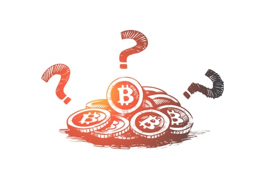 Bitcoin concept. Hand drawn bitcoin cryptocurrency and question mark, digital currency isolated vector illustration.