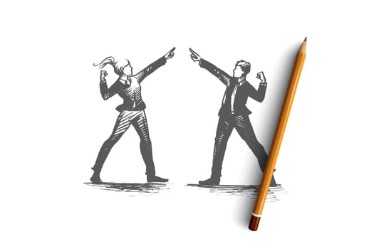 People leader concept. Hand drawn man and woman leaders. Business victory people isolated vector illustration.