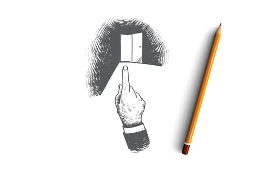 Dismissal concept. Hand drawn finger pointing at the door. Dismissal of employee isolated vector illustration.