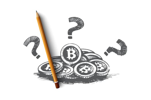 Bitcoin concept. Hand drawn bitcoin cryptocurrency and question mark, digital currency isolated vector illustration.