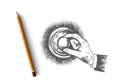 Security concept. Hand drawn metal safe with human hand. Combination for safe lock isolated vector illustration.
