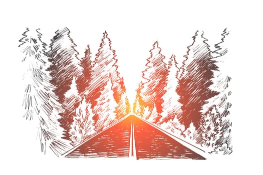Only forward concept. Hand drawn road and forest, forward movement isolated vector illustration.