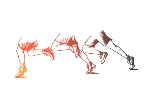 Teamwork concept. Hand drawn people run to work. A lot of office workers running isolated vector illustration.