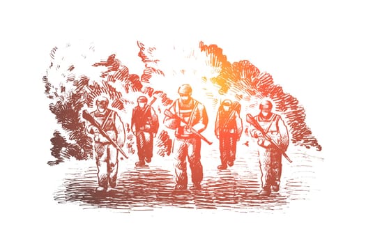 War concept. Hand drawn soldiers fighting at war. Battle scene isolated vector illustration.
