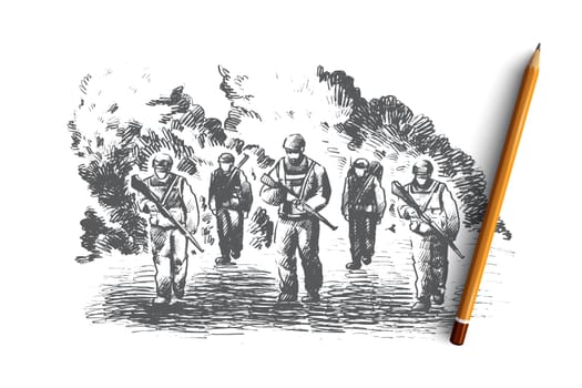 War concept. Hand drawn soldiers fighting at war. Battle scene isolated vector illustration.