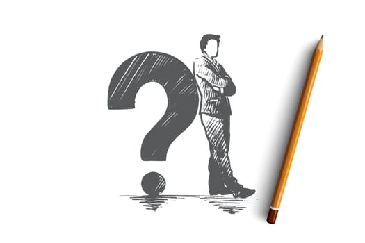 Problem concept. Hand drawn thinking person and question mark. Man looking for answer isolated vector illustration.