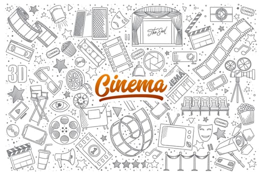 Hand drawn set of cinema doodles with orange lettering in vector
