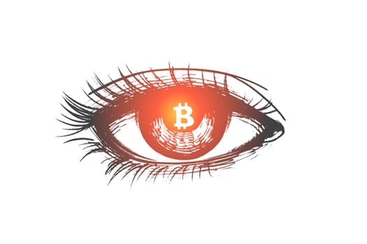 Cryptocurrency concept. Hand drawn bitcoin in human eye, bitcoin symbol isolated vector illustration.