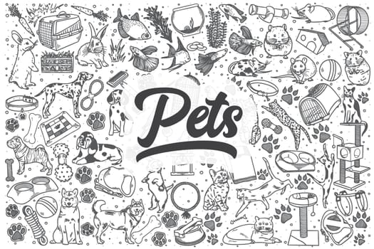 Hand drawn pets doodle set. Lettering - Pets
