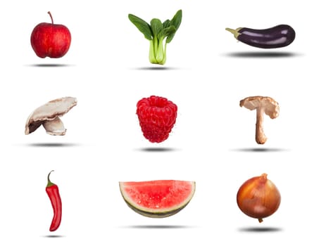 Fresh natural fruit and vegetables food isolated on a white background. Apple, pak choi, aubergine, mushrooms, raspberry, chilli, watermolon, onion
