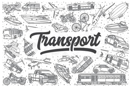 Hand drawn transport doodle set. Lettering - Transport