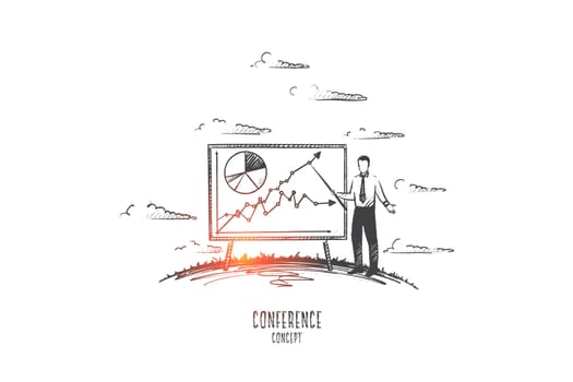 Conference concept. Hand drawn man with pointer near board with schedule. Work conference at office isolated vector illustration.