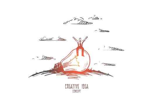 Creative idea concept. Hand drawn man sitting on light bulb. Light bulb as symbol of creative idea isolated vector illustration.