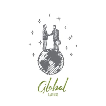 Global partners concept. Hand drawn businessmen shaking hands standing on Earth isolated vector illustration.