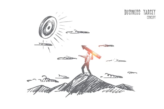 Business target concept. Hand drawn man achieving great goals. Target and man with an arrow isolated vector illustration.