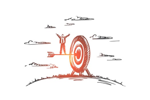 Achieve concept. Hand drawn arrow hitting in the target center of dartboard. Concept of achieving a goal, success businessman isolated vector illustration.