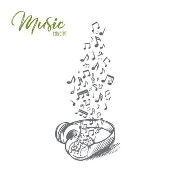 Music concept. Hand drawn headphone with flying musical notes. Audio music isolated vector illustration.