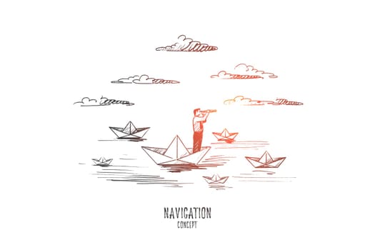 Navigation concept. Hand drawn sailor man looks into the telescope. Navigating in sea isolated vector illustration.