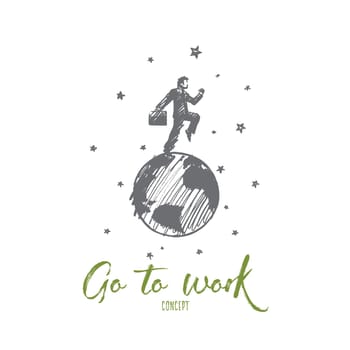 Go to work concept. Hand drawn handsome man going to work. Businessman with a briefcase isolated vector illustration.
