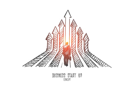Business start up concept. Hand drawn man standing before start of new business. Businessman looking forward his new project isolated vector illustration.