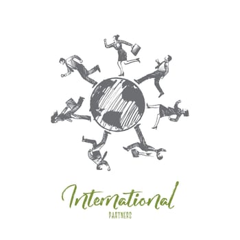 Internationl partners concept. Hand drawn businessmen all over the world. Business partners isolated vector illustration.