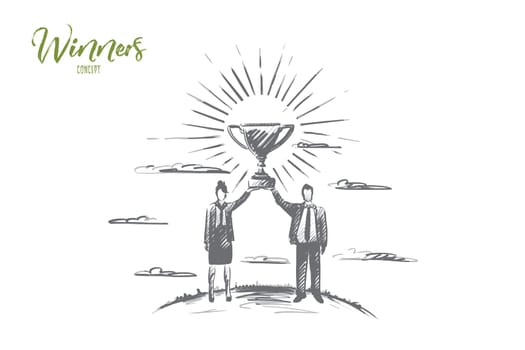 Winner concept. Hand drawn man and woman holding up a gold trophy cup as a winner in a competition. Two partners win isolated vector illustration.