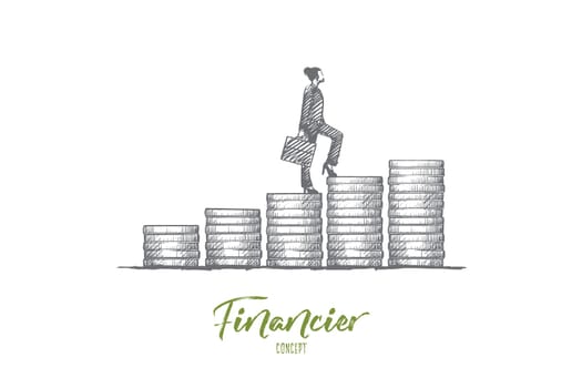 Financier concept. Hand drawn beautiful business woman. Female financier in formal suit isolated vector illustration.