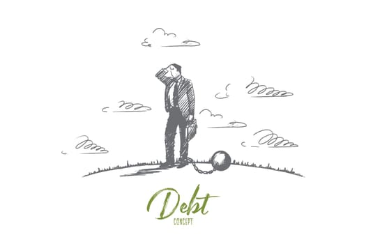 Debt concept. Hand drawn businessman chained to a large ball. Man in financial trouble isolated vector illustration.